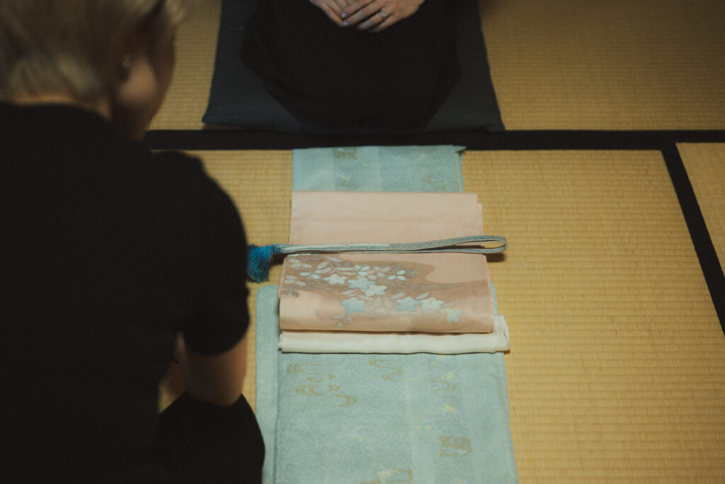 Traditional Japanese kimono, floral obi and accessories carefully coordinated